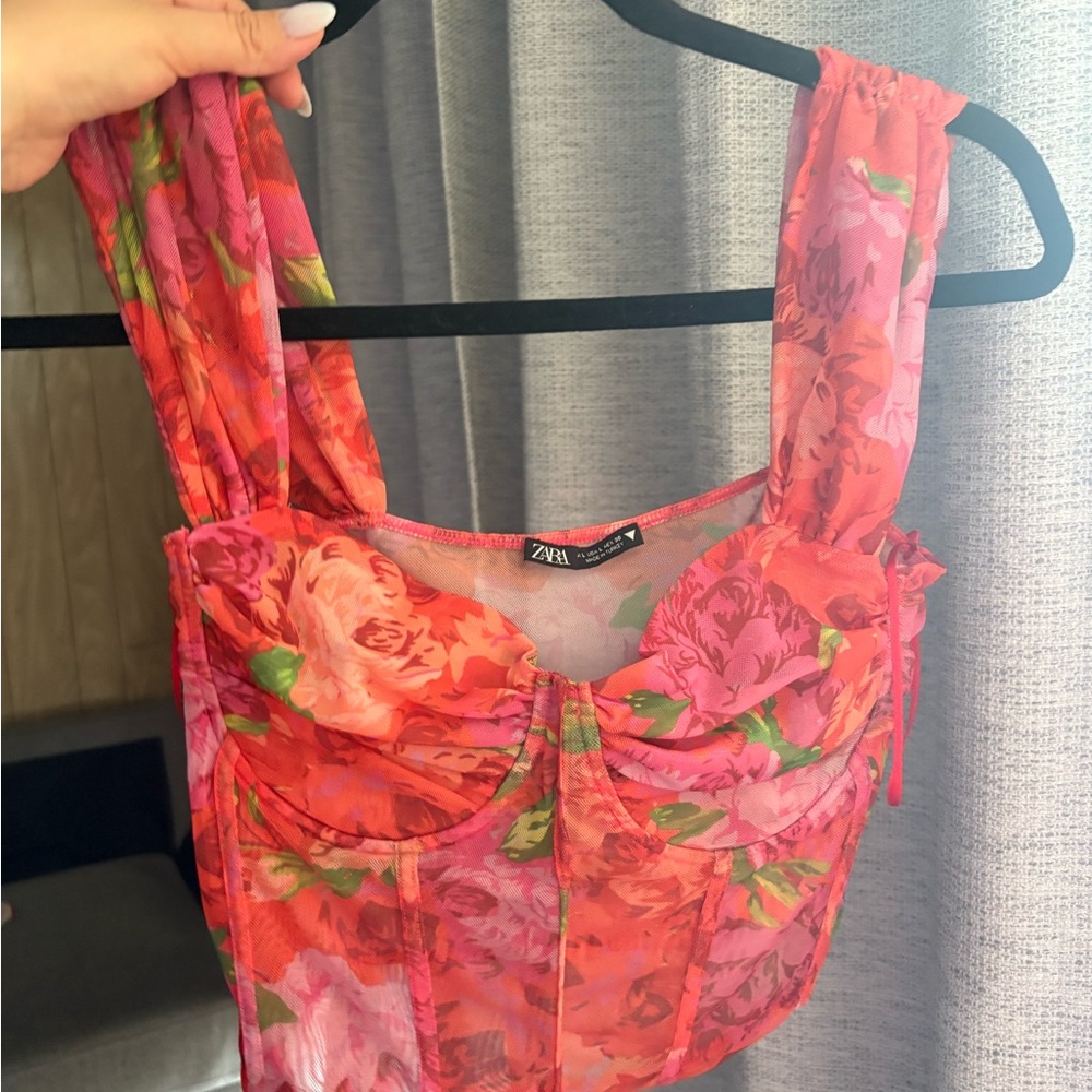 Zara Red and Pink Floral Mesh Top